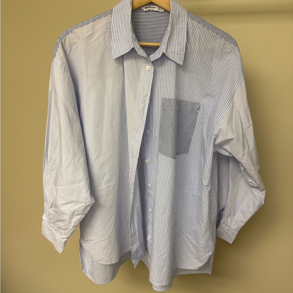 Stradivarius Blue Stripe Patchwork Button Down Sh… - image 1